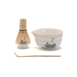 Hand-painted White Crane Ceramic Matcha Bowl with Spout Bamboo Whisk and Chasen Holder White Traditional Japanese Matcha Tea Ceremony Set