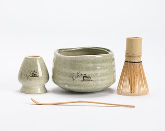 Cute Owl Ceramic Chawan with Bamboo Whisk and Chasen Holder Matcha Tea Ceremony Set