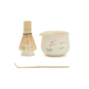 Hand-painted Fish Ceramic Matcha Bowl with Spout Bamboo Whisk and Whisk Holder Japanese Tea Ceremony Set