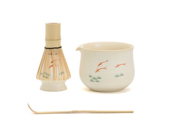 Cuenco de cerámica para matcha con forma de pez pintado a mano, con pico, batidor de bambú y soporte para batidor, juego para ceremonia del té japonés