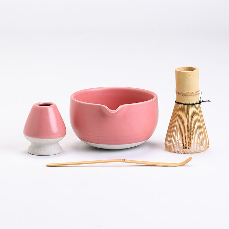 Ceramic Chawan Bowl with Spout Matcha Whisk and Chasen Holder Tea Ceremony Set Style E