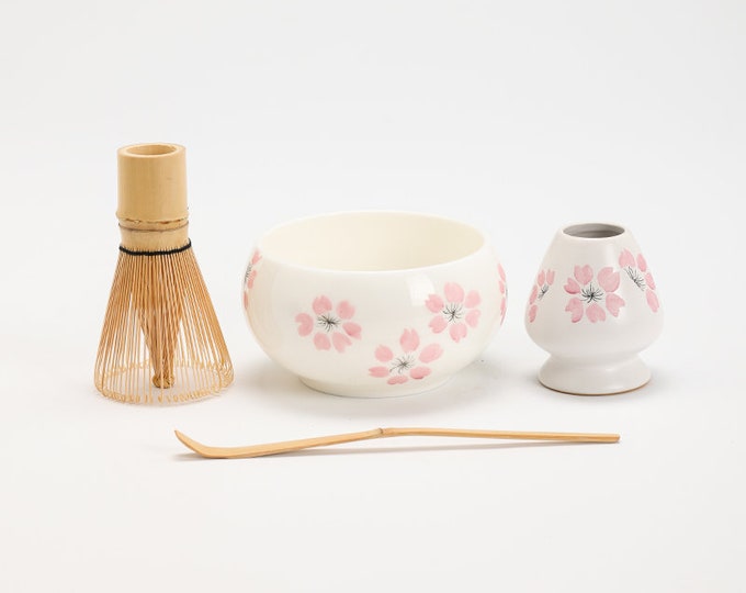 Hand-painted Sakura Porcelain Matcha Bowl with Bamboo Whisk and Chasen Holder