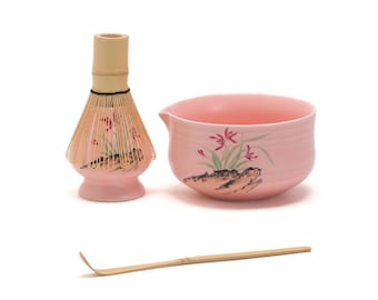 Hand-painted Orchid Ceramic Matcha Bowl with Bamboo Whisk and Chasen Holder Pink Traditional Matcha Tea Set