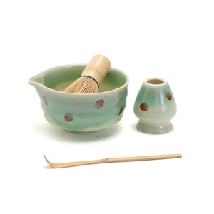 Traditional Matcha Tea Ceremony Set - 5 Piece Kit With Bamboo Whisk, Ceramic Bowl, Holder, Spoon & Strainer (Light Green) 9 thumbnail image