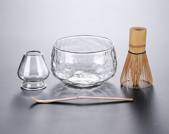 Glass Matcha Bowl Bamboo Matcha Whisk Scoop with Chasen Holder