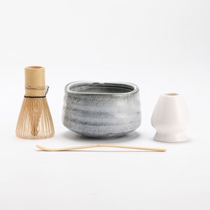 Sea Wave Ceramic Matcha Bowl with Bamboo Whisk and Chasen Holders E