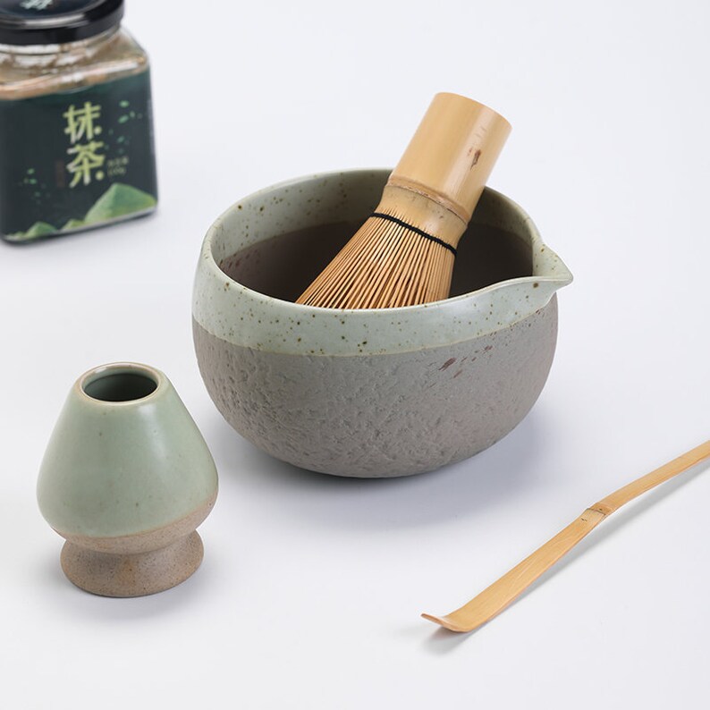 Coarse Pottery Ceramic Matcha Bowl with Spout Matcha Tea Ceremony Set image 9