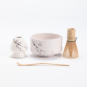 Hand-painted Plum Blossom Ceramic Matcha Bowl with Bamboo Whisk and Chasen Holder