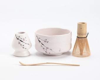 Hand-painted Plum Blossom Ceramic Matcha Bowl with Bamboo Whisk and Chasen Holder