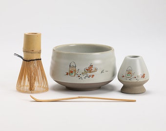 Hand-painted Ceramic Matcha Bowl with Bamboo Whisk and Chasen Holder Tea Ceremony Set