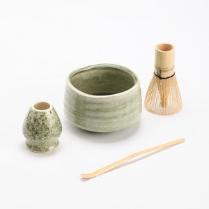 Sea Wave Ceramic Matcha Bowl with Bamboo Whisk and Chasen Holders image 2