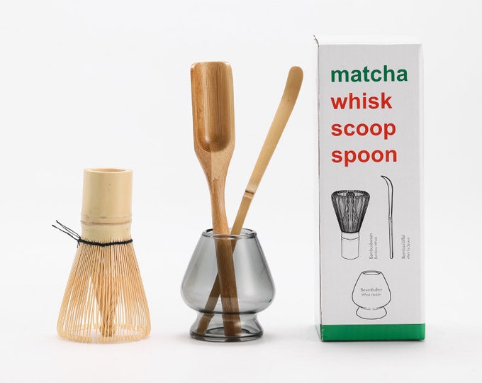 Matcha Ceremony Accessory, Matcha Whisk (Chasen), Traditional Scoop (Chashaku), Tea Spoon, Glass Whisk Holder
