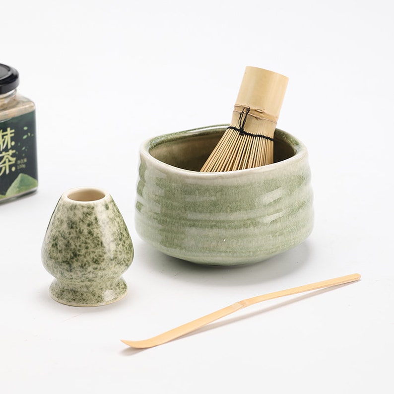 Sea Wave Ceramic Matcha Bowl with Bamboo Whisk and Chasen Holders image 4