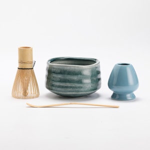 Sea Wave Ceramic Matcha Bowl with Bamboo Whisk and Chasen Holders B