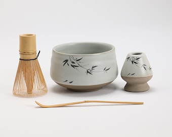 Hand-painted Bamboo Ceramic Matcha Bowl with Bamboo Whisk and Chasen Holder