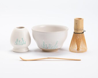 Hand-painted White Flower Matcha Bowl with Bamboo Whisk and Chasen Holder Tea Making Kits