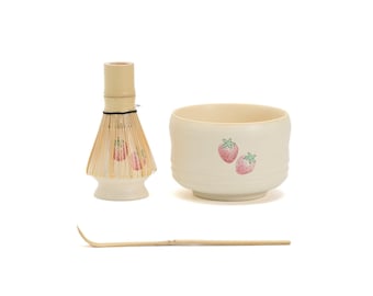 Hand-painted Strawberry Matcha Set with Bamboo Whisk and Chasen Holder Beige Japanese Matcha Tea Ceremony Set