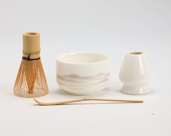 Frosted Mountain Ceramic Chawan with Bamboo Whisk and Chasen Holder Tea Ceremony Set