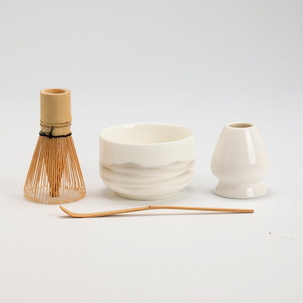 Frosted Mountain Ceramic Chawan with Bamboo Whisk and Chasen Holder Tea Ceremony Set