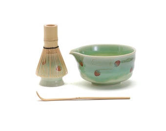 Hand-painted Strawberry Ceramic Matcha Set with Bamboo Whisk and Chasen Holder Green Traditional Japanese Matcha Tea Ceremony Set