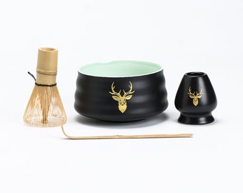 Black Crockery Deer Head Matcha Set with Bamboo Whisk and Chasen Holder