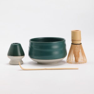Round Ceramic Matcha Bowl with Bamboo Whisk and Holders Tea Ceremony Matcha Set A