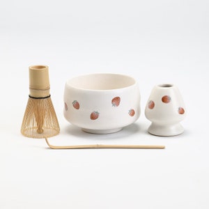 Hand-painted Strawberry Ceramic Matcha Bowl with Bamboo Whisk and Chasen Holder Matcha Tea Ceremony Set