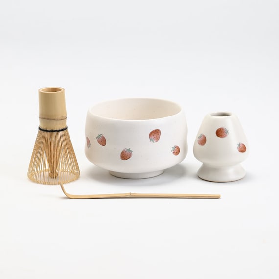 Hand-painted Strawberry Ceramic Matcha Bowl with Bamboo Whisk and Chasen Holder Matcha Tea Ceremony Set