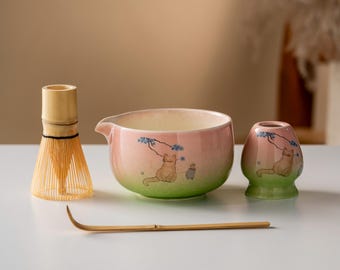 Söt katt Matcha skålset med tonad rosa Matcha vispset 450ml