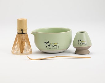 Handbemalte süße Katze Keramik Matcha Kits Bambus Schneebesen und Chasen Halter Matcha Tee Set