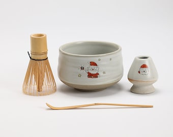 Hand-painted Santa Claus Ceramic Matcha Bowl with Bamboo Whisk and Chasen Holder