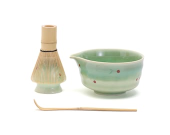 Hand-painted Cherry Ceramic Matcha Bowl with Spout Bamboo Whisk and Chasen Holder Green Traditional Japanese Matcha Tea Ceremony Set