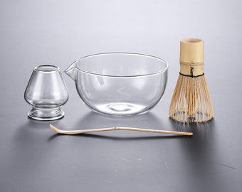 Clear Glass Matcha Bowl with Spout Matcha Tea Ceremony Set