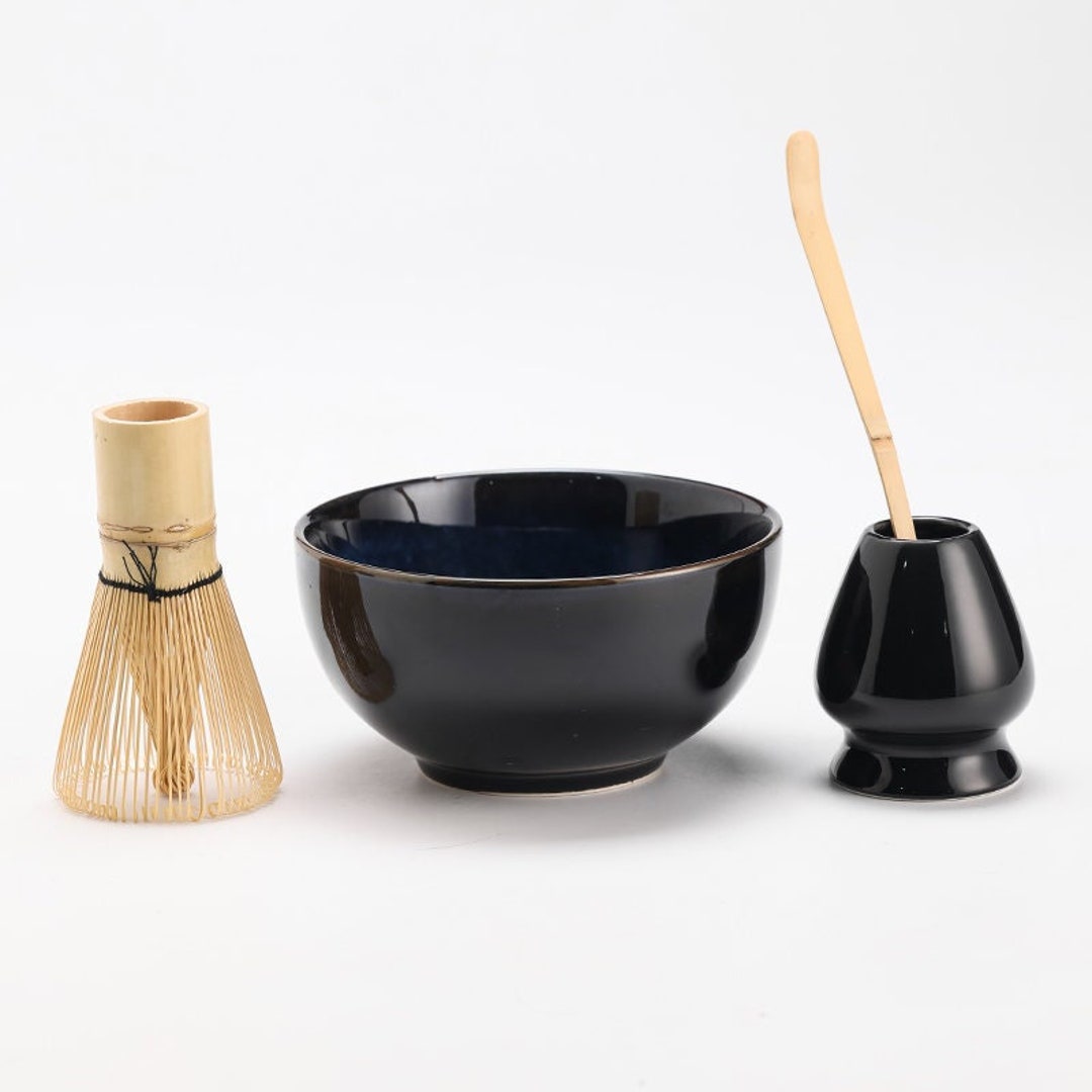 Black Matcha Tea Set Ceramic Matcha Bowl With Bamboo Whisk and Holders