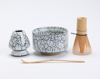 White Ceramic Matcha Bowl with Bamboo Whisk and Chasen Holder Matcha Tea Ceremony Set