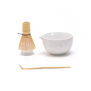 Hand-painted Bow Ceramic Matcha Bowl with Spout Bamboo Whisk and Chasen Holder White Matcha Bowl Set