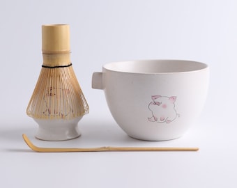 Hand-painted Pigling Ceramic Matcha Bowl with Spout Matcha Whisk Set Tea Ceremony Set