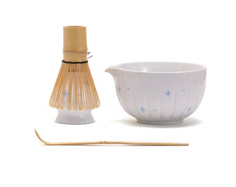 Hand-painted Blue Flower Ceramic Matcha Bowl with Bamboo Whisk and Chasen Holder Japanese Tea Ceremony Set