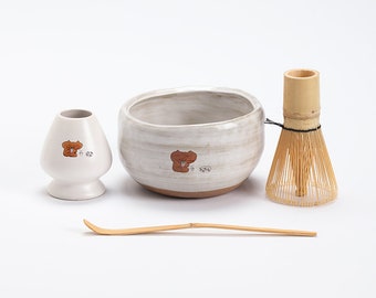 Hand-painted Brown Bear Ceramic Matcha Bowl with Bamboo Whisk and Chasen Holder Tea Ceremony Set