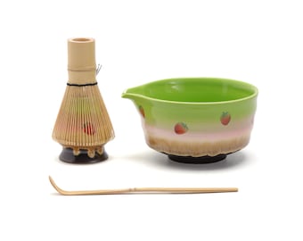 Hand-painted Strawberry Ceramic Matcha Bowl with Spout Bamboo Whisk and Chasen Holder Green Traditional Japanese Matcha Tea Ceremony Set