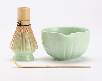 Ceramic Matcha Bowl with Spout Bamboo Whisk and Chasen Holder Tea Ceremony Giftset