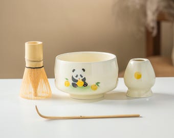 手描きパンダ陶器抹茶碗セット、竹製茶筅、茶筅立て - Etsy 日本