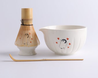 Hand-painted Penguin Ceramic Matcha Bowl with Bamboo Whisk and Chasen Holder Matcha Tea Ceremony Set