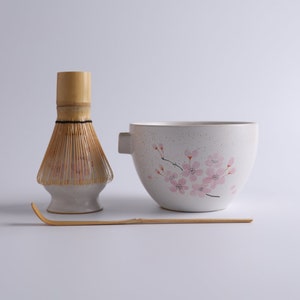 Handpainted Sakura White Ceramic Matcha Bowl with Bamboo Whisk and Chasen Holder 420ml