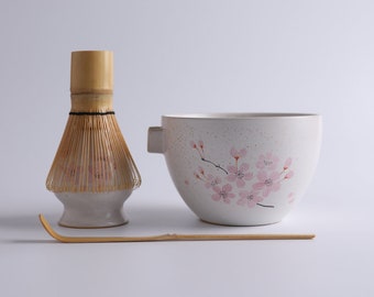 Handpainted Sakura White Ceramic Matcha Bowl with Bamboo Whisk and Chasen Holder 420ml