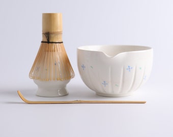 Hand-painted Flower Ceramic Matcha Bowl with Bamboo Whisk and Chasen Holder Japanese Tea Ceremony Set