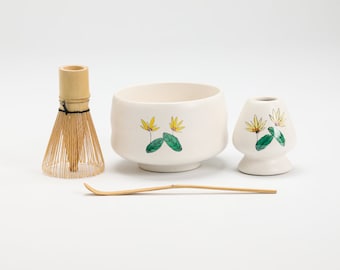Hand-painted Flower Ceramic Matcha Kits with Bamboo Whisk and Chasen Holder Matcha Tea Making Kits