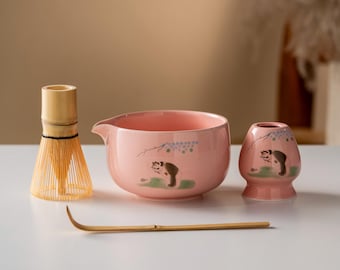 Söt katt Keramik Matcha Skålset Rosa Japansk Matcha Kit 450ml