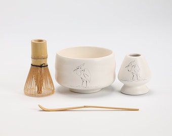 Hand-painted Bird White Ceramic Matcha Kits with Bamboo Whisk and Chasen Holder