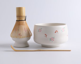 Handpainted Flower Ceramic Matcha Whisk Set with Bamboo Whisk and Chasen Holder Matcha Tea Ceremony